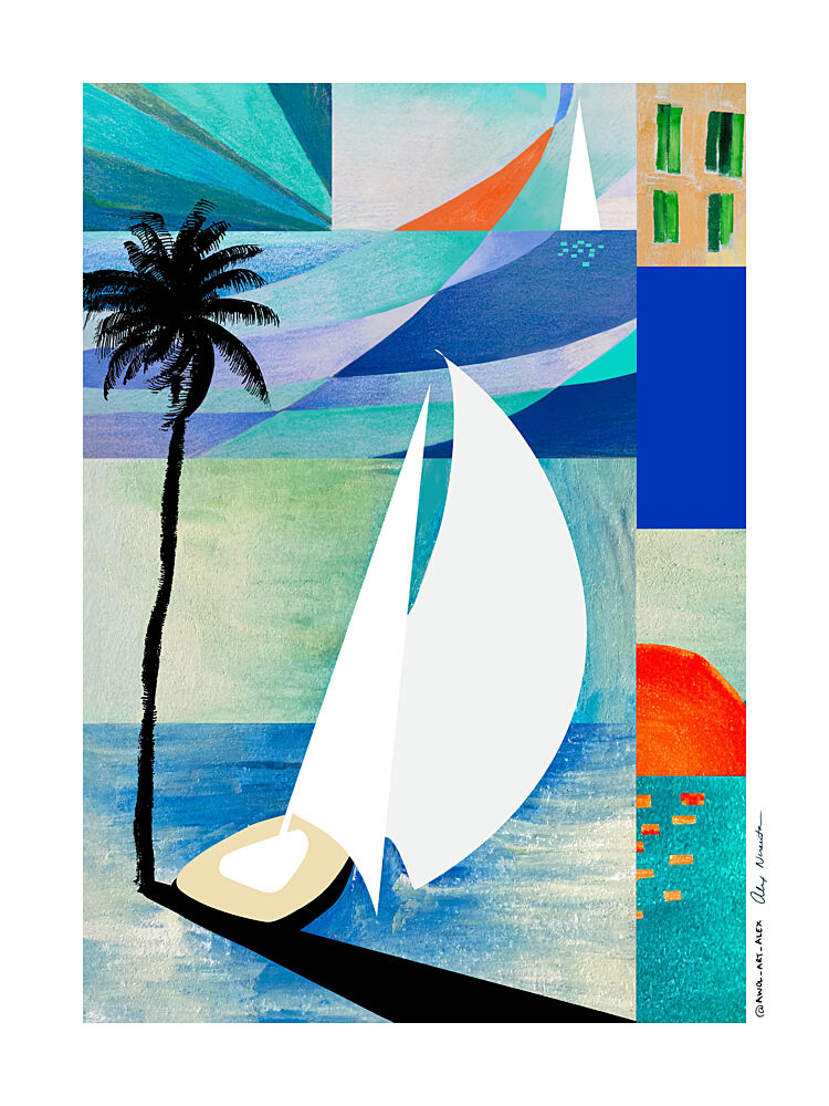 Abstract Coastal Sailboat art print by Alex Nereuta for $57.95 CAD