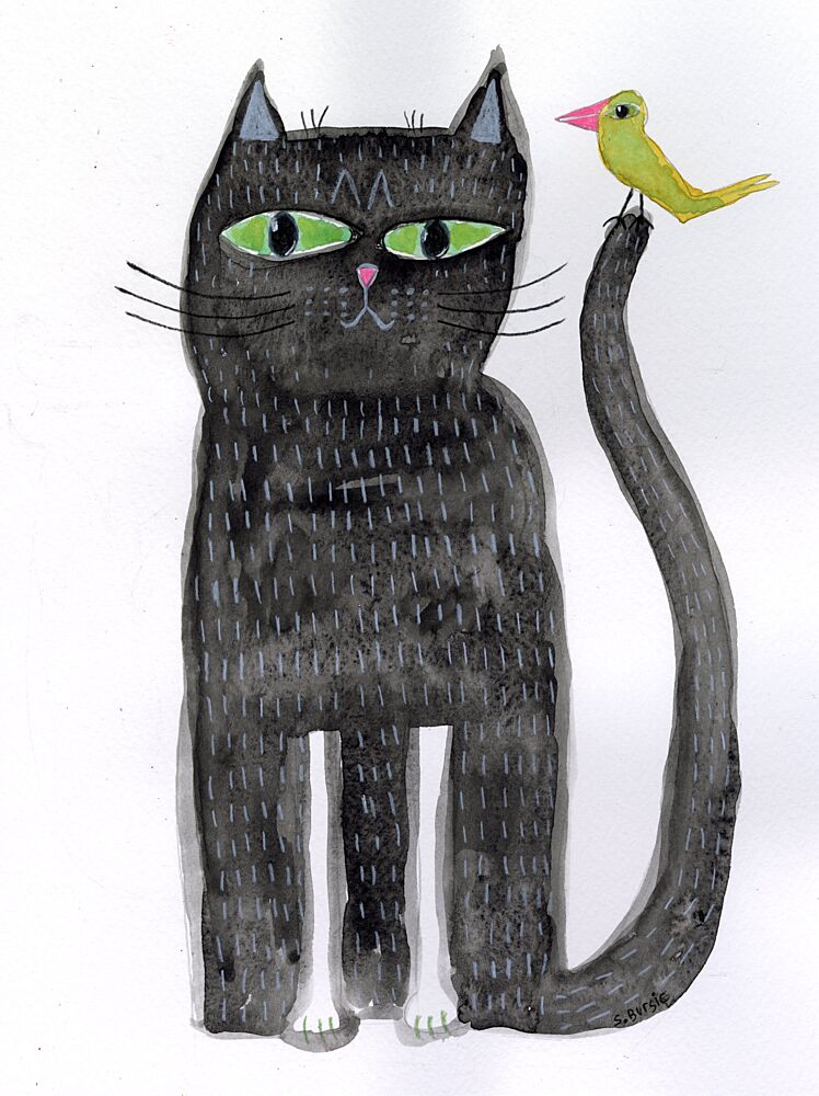Whimsical Black Cat and Bird art print by Sharyn Bursic for $57.95 CAD