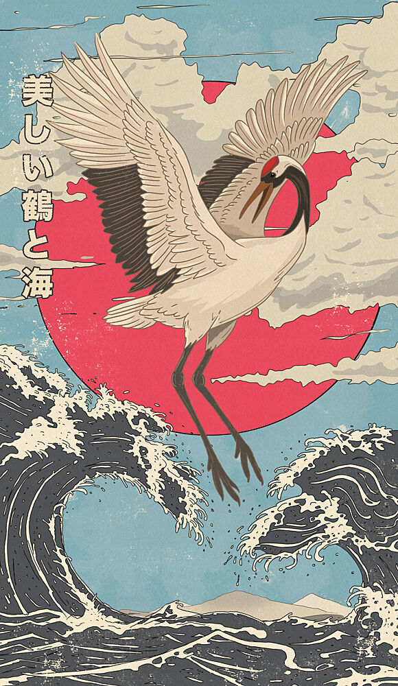 Japanese Crane Red Sun art print by Nicholas for $57.95 CAD