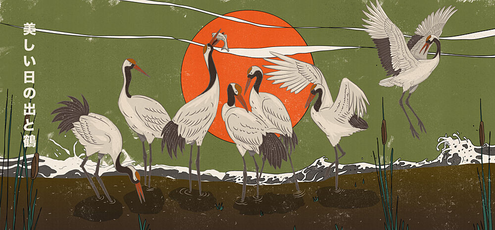 Japanese Sunrise Cranes art print by Nicholas for $57.95 CAD