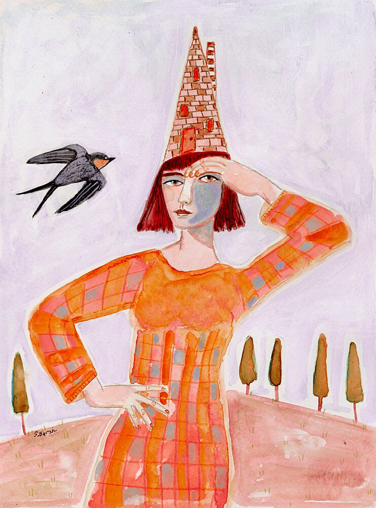 Whimsical House Hat Woman art print by Sharyn Bursic for $57.95 CAD