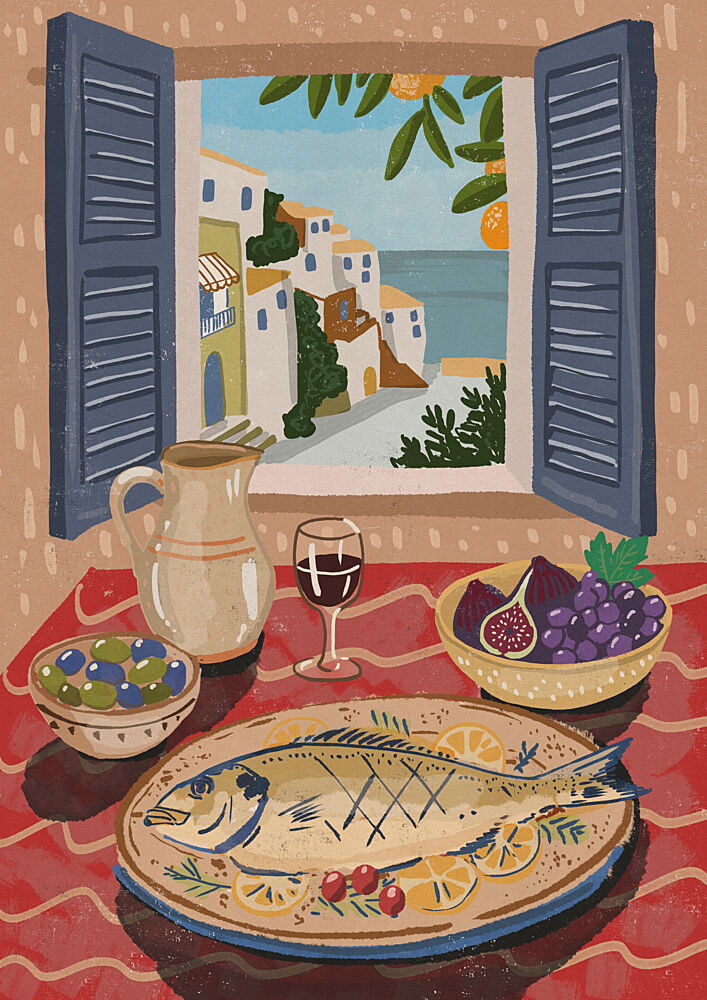 Coastal Dining Scene art print by Nicholas for $57.95 CAD