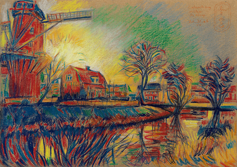 Vibrant Windmill Village Scene art print by Corne Akkers for $57.95 CAD