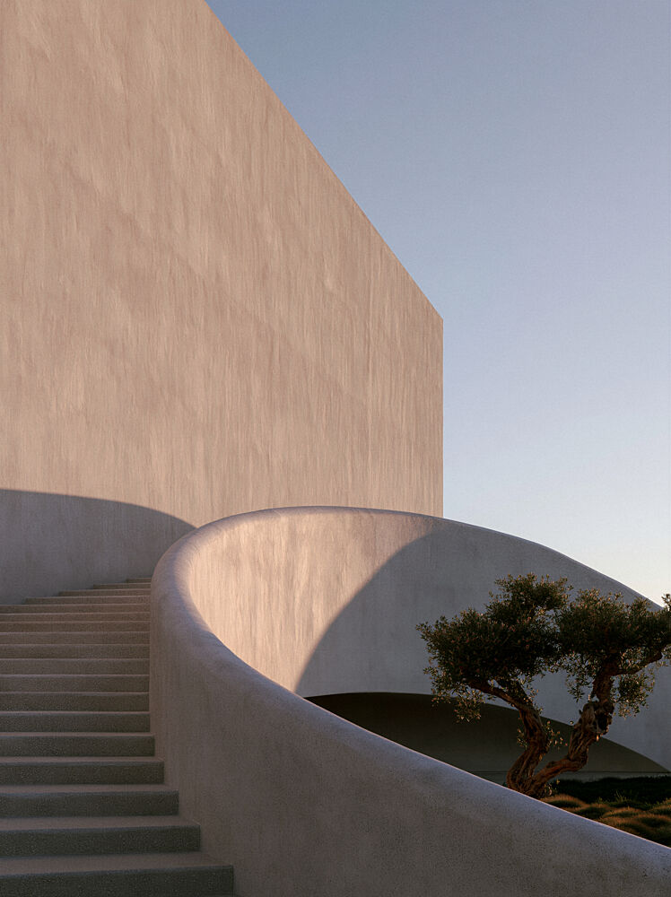 Curved Cycladic Staircase with Olive Tree at Sunset art print by Minorstep for $57.95 CAD