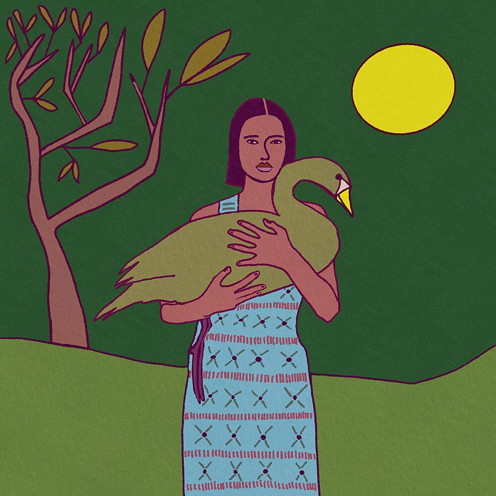 Woman Embracing Green Bird art print by Sharyn Bursic for $57.95 CAD