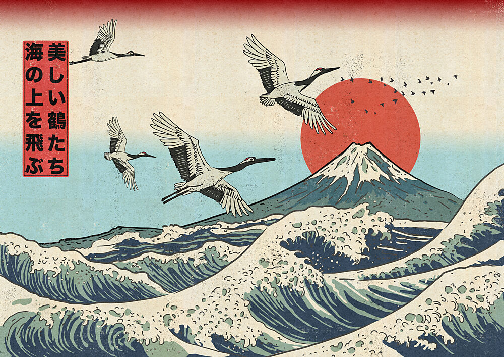 Flying Cranes over Mount Fuji art print by Nicholas for $57.95 CAD