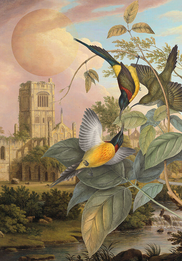 Exotic Birds Pastel Moon art print by Marja van den Hurk for $57.95 CAD