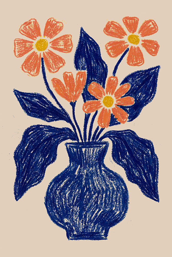 Orange Flowers Blue Vase art print by Melloi Art Prints for $57.95 CAD