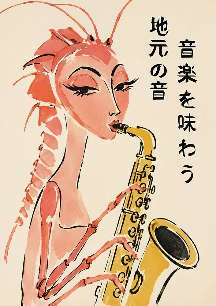 Retro Shrimp Saxophone art print by Patryk Krygowski for $57.95 CAD