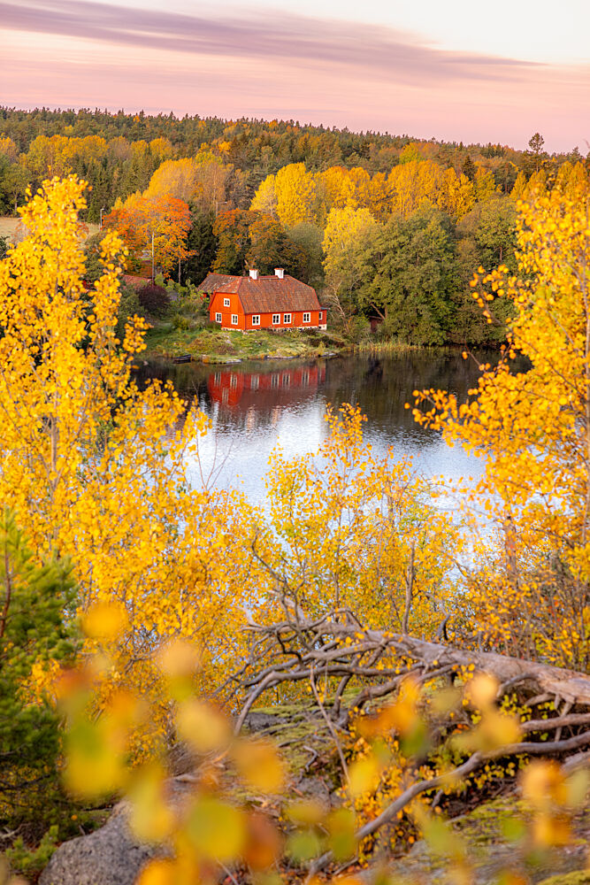 Vibrant Autumn Lake House art print by Julien Propper for $57.95 CAD