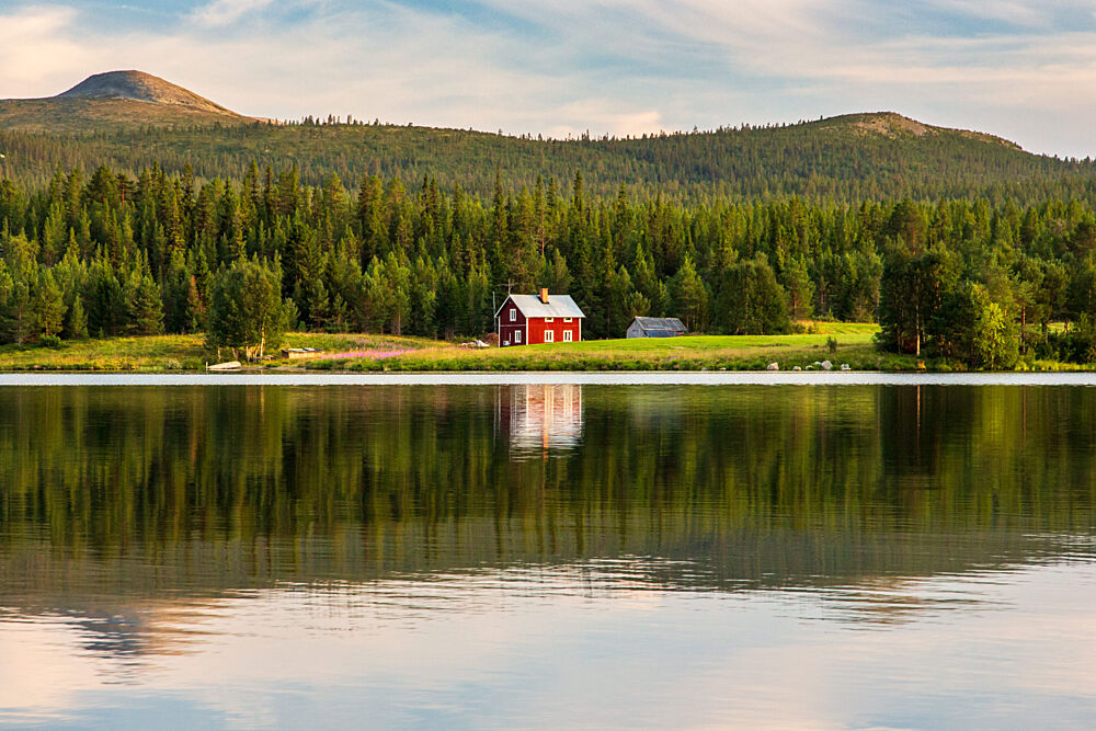 Serene Lake Red Cabin art print by Julien Propper for $57.95 CAD