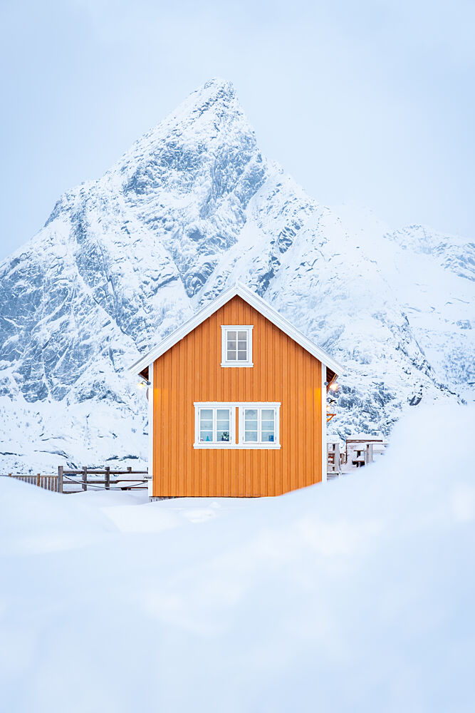 Orange House Snowy Mountain art print by Julien Propper for $57.95 CAD