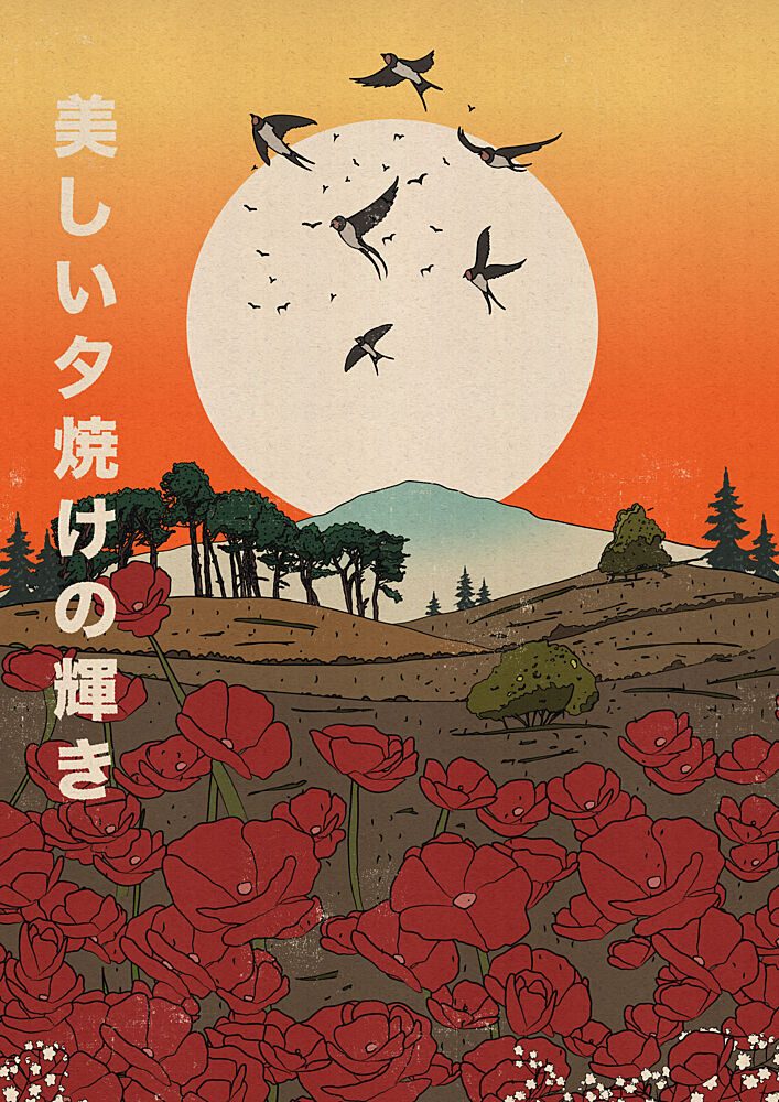 Japanese Swallows Sunset art print by Nicholas for $57.95 CAD