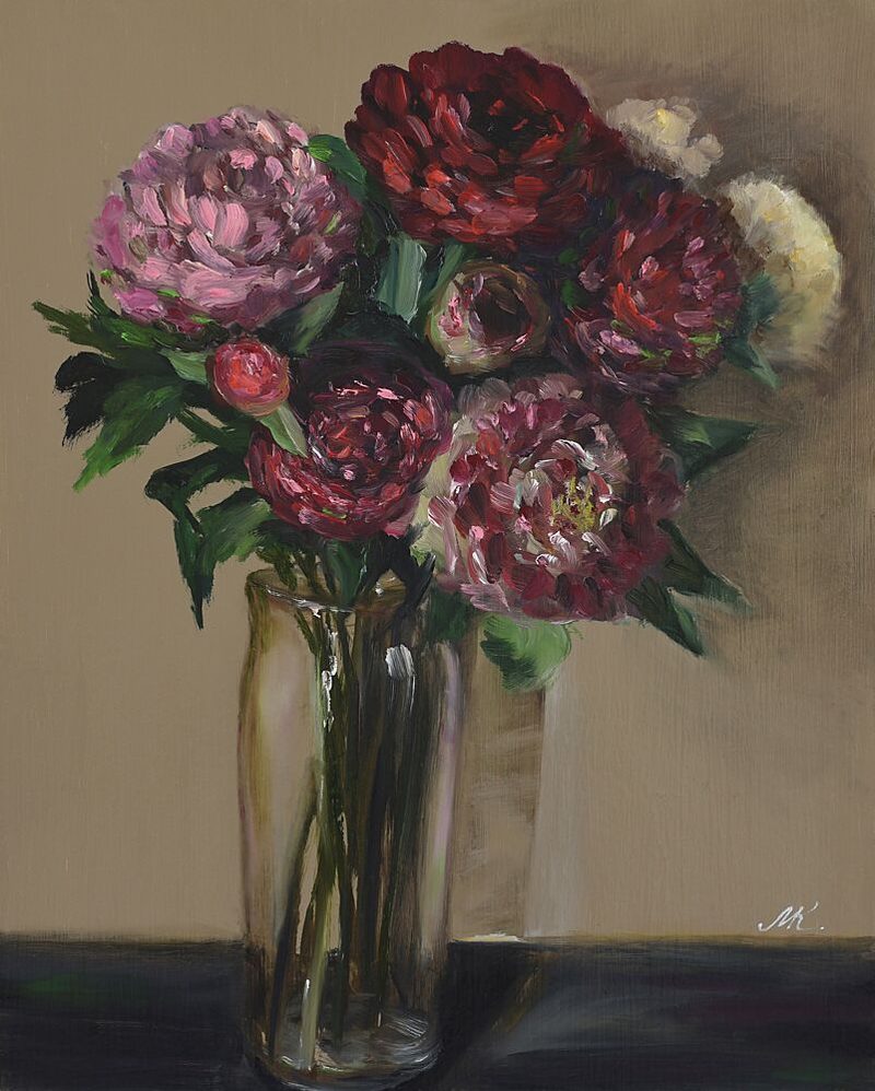 Dark Red Peonies in Glass Vase - Moody Floral Oil Painting art print by Marina Kozyr for $57.95 CAD