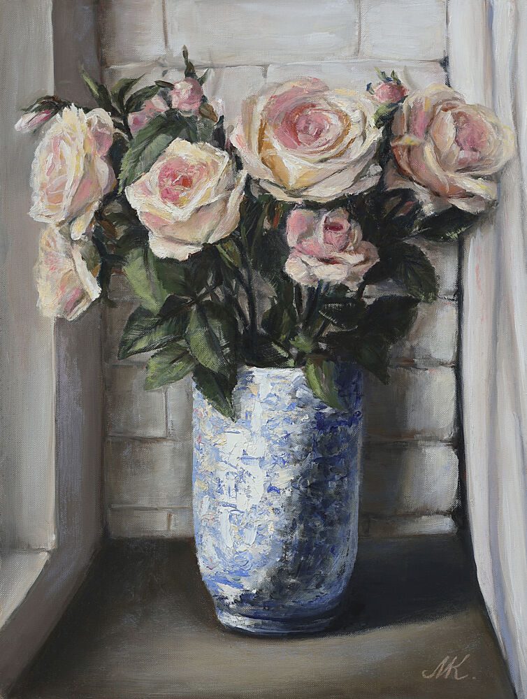 Pink Roses on Windowsill - Blue Ceramic Vase Painting art print by Marina Kozyr for $57.95 CAD