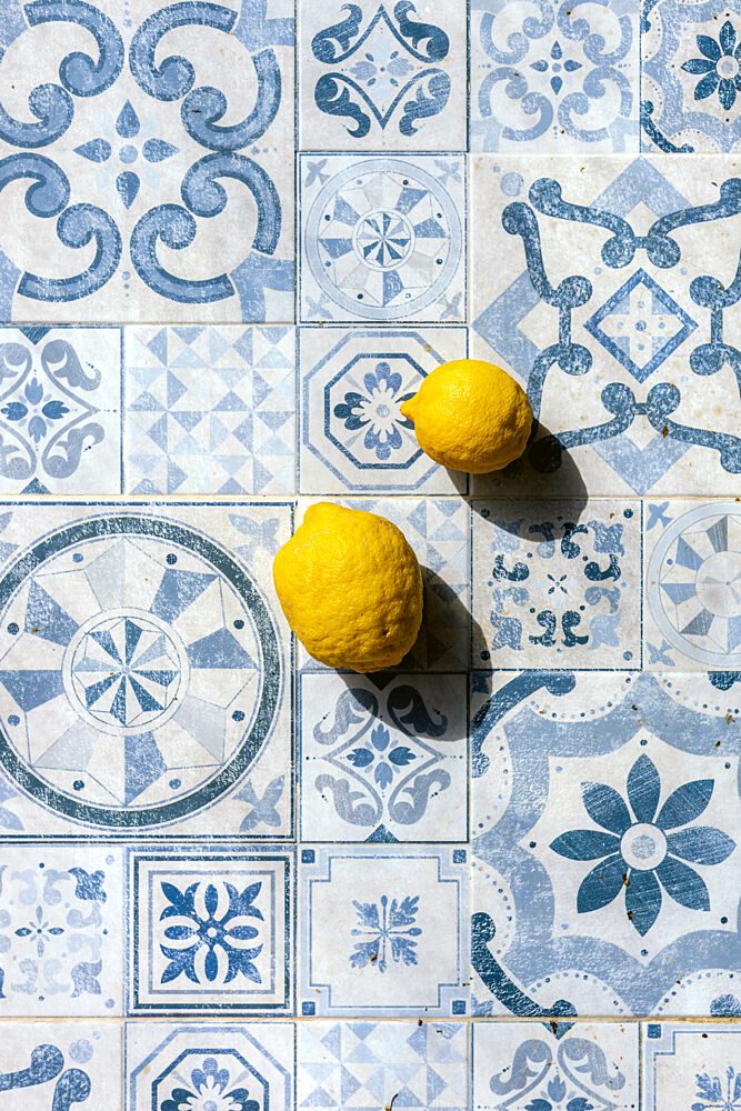 Vibrant Lemons Blue Tiles art print by HelloHappylife for $57.95 CAD