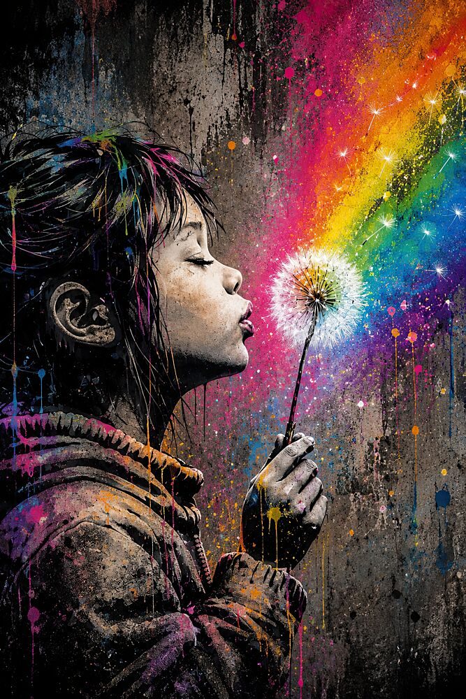 Girl Blowing Rainbow Dandelion art print by Mark Andre Matthews for $57.95 CAD