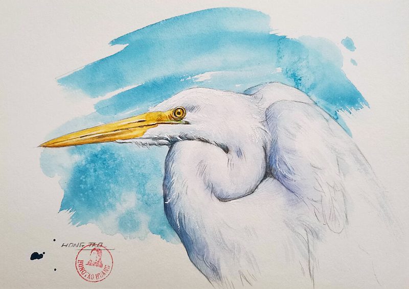 Elegant Egret Watercolor art print by Hongtao Huang for $57.95 CAD