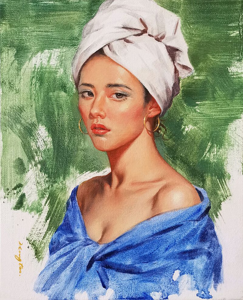 Elegant Woman White Turban art print by Hongtao Huang for $57.95 CAD