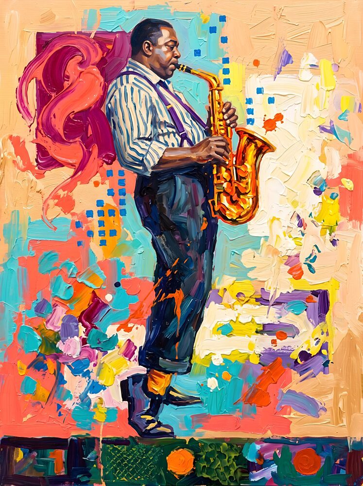 Vibrant Jazz Saxophonist art print by Hugo for $57.95 CAD