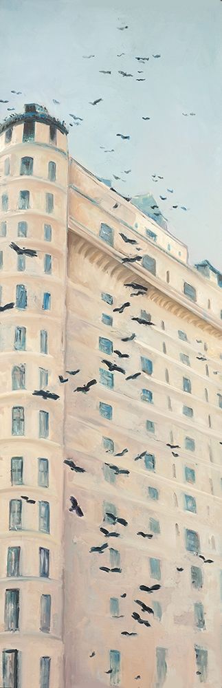BIRDS FLYING IN FRONT OF A BUILDING art print by Atelier B Art Studio for $57.95 CAD