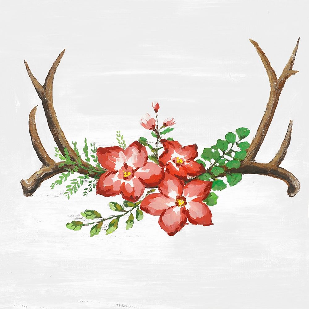 DEER HORNS AND PINK FLOWERS art print by Atelier B Art Studio for $57.95 CAD