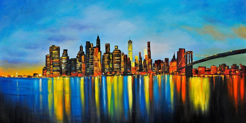 CITY BY NIGHT WITH A BRIDGE art print by Atelier B Art Studio for $57.95 CAD