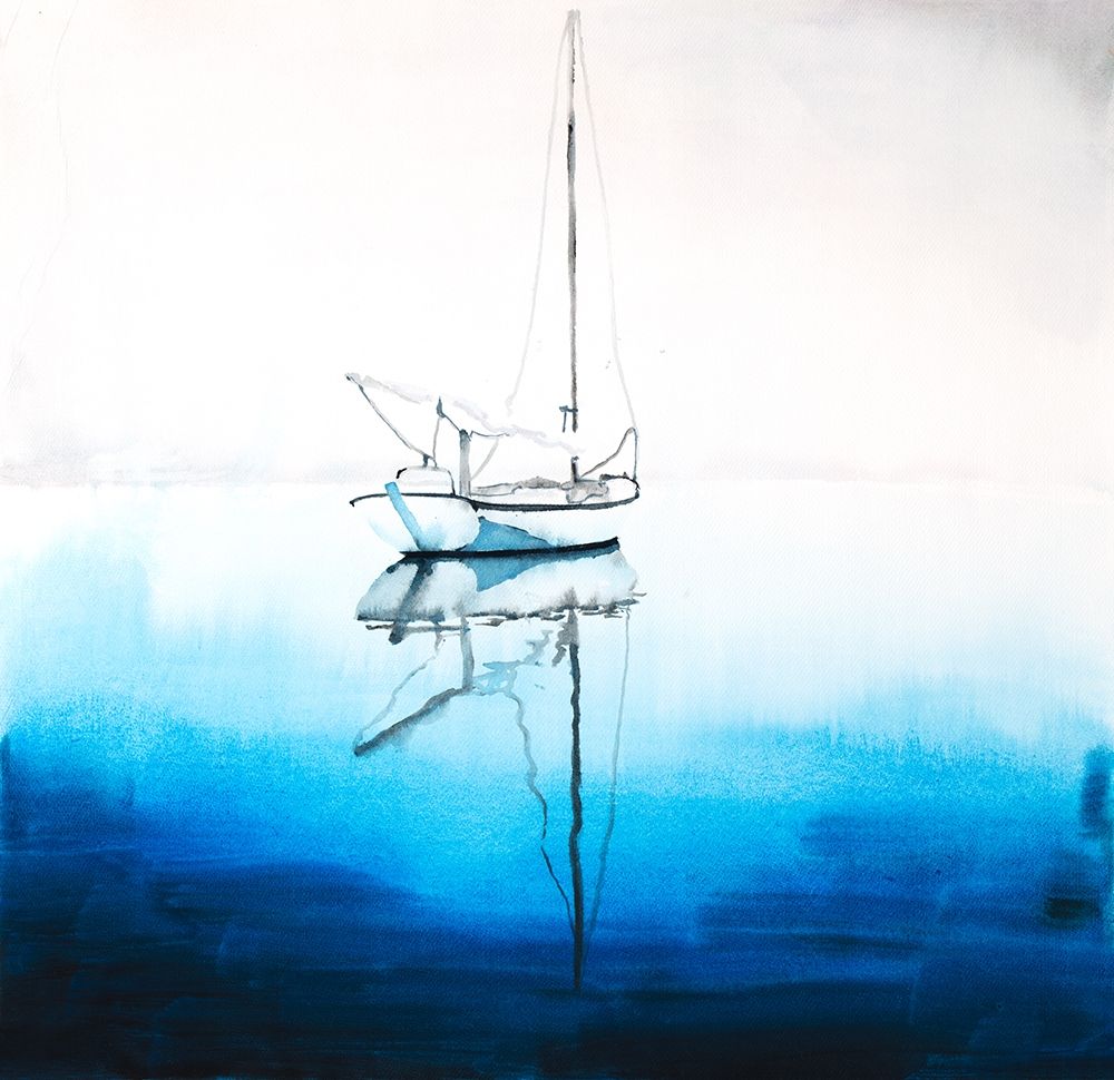 WHITE BOAT ON A DEEP BLUE WATER art print by Atelier B Art Studio for $57.95 CAD
