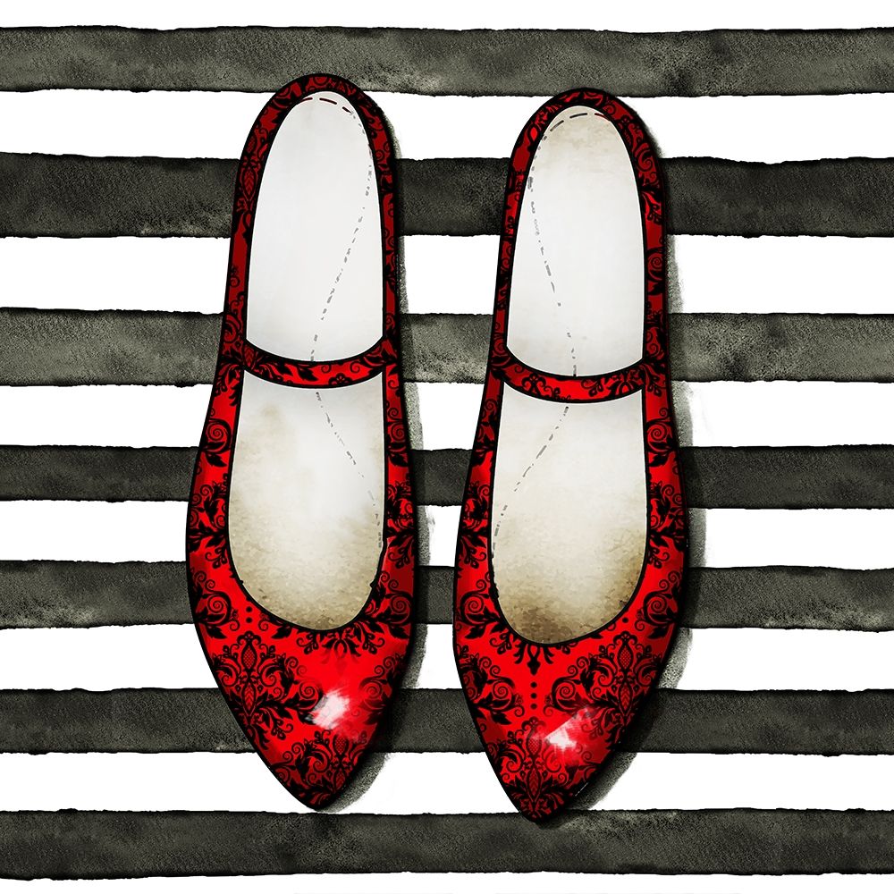 RED GLOSSY SHOES ON STRIPED BACKGROUND art print by Atelier B Art Studio for $57.95 CAD