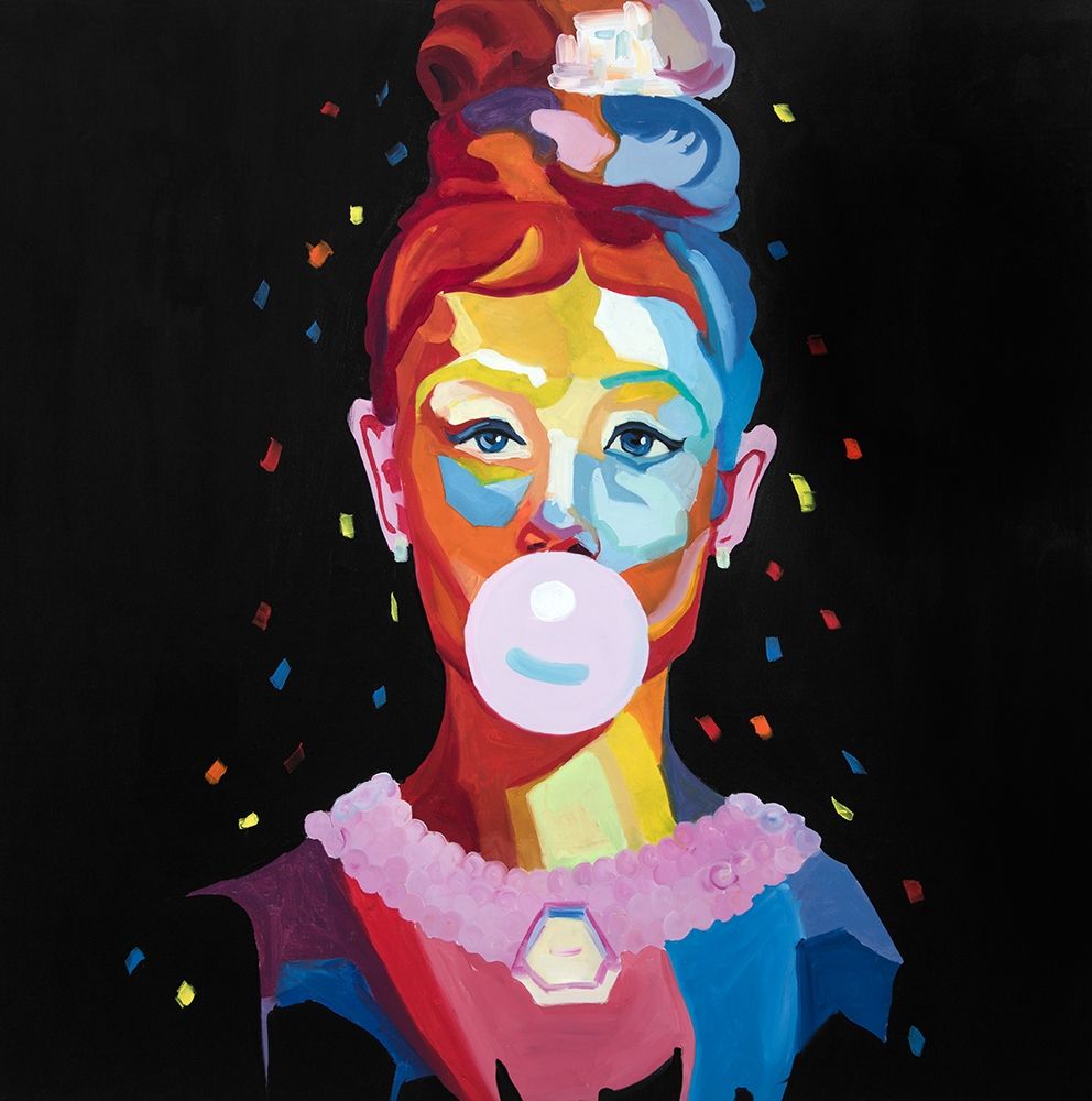 COLORFUL WOMAN PORTRAIT WITH BUBBLEGUM art print by Atelier B Art Studio for $57.95 CAD