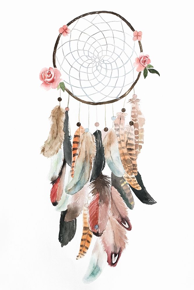 CIRCULAR DREAM CATCHER WITH ROSES AND FEATHERS art print by Atelier B Art Studio for $57.95 CAD