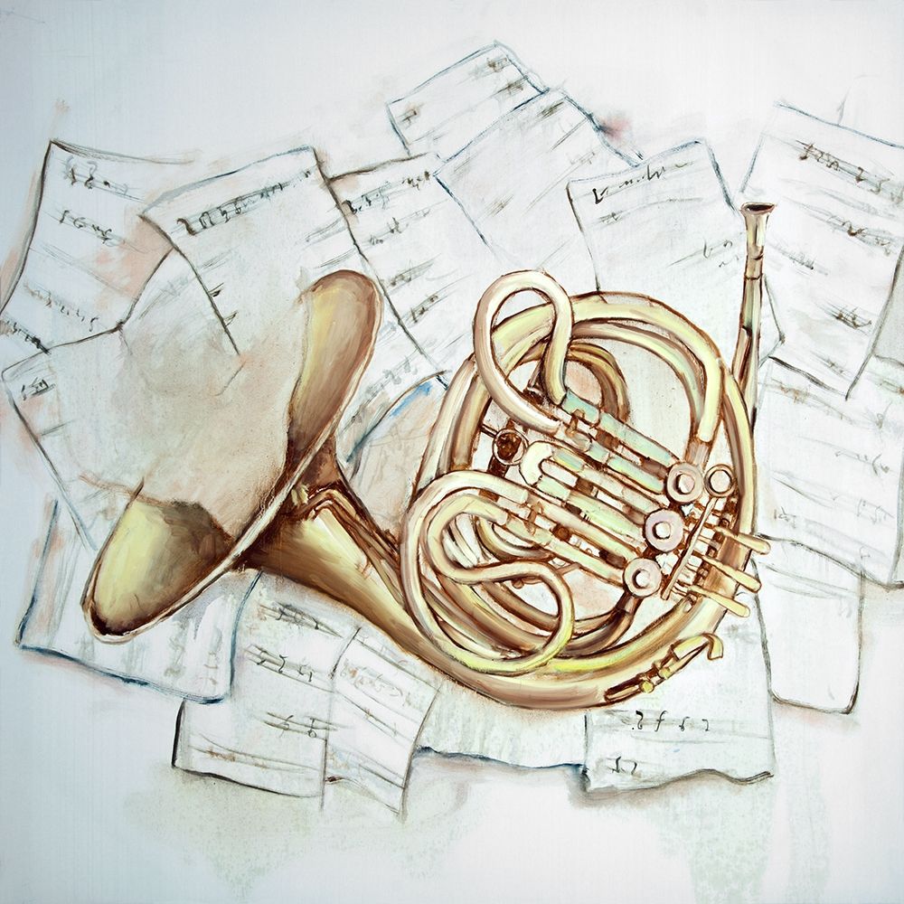 HORN ON MUSIC SHEET art print by Atelier B Art Studio for $57.95 CAD