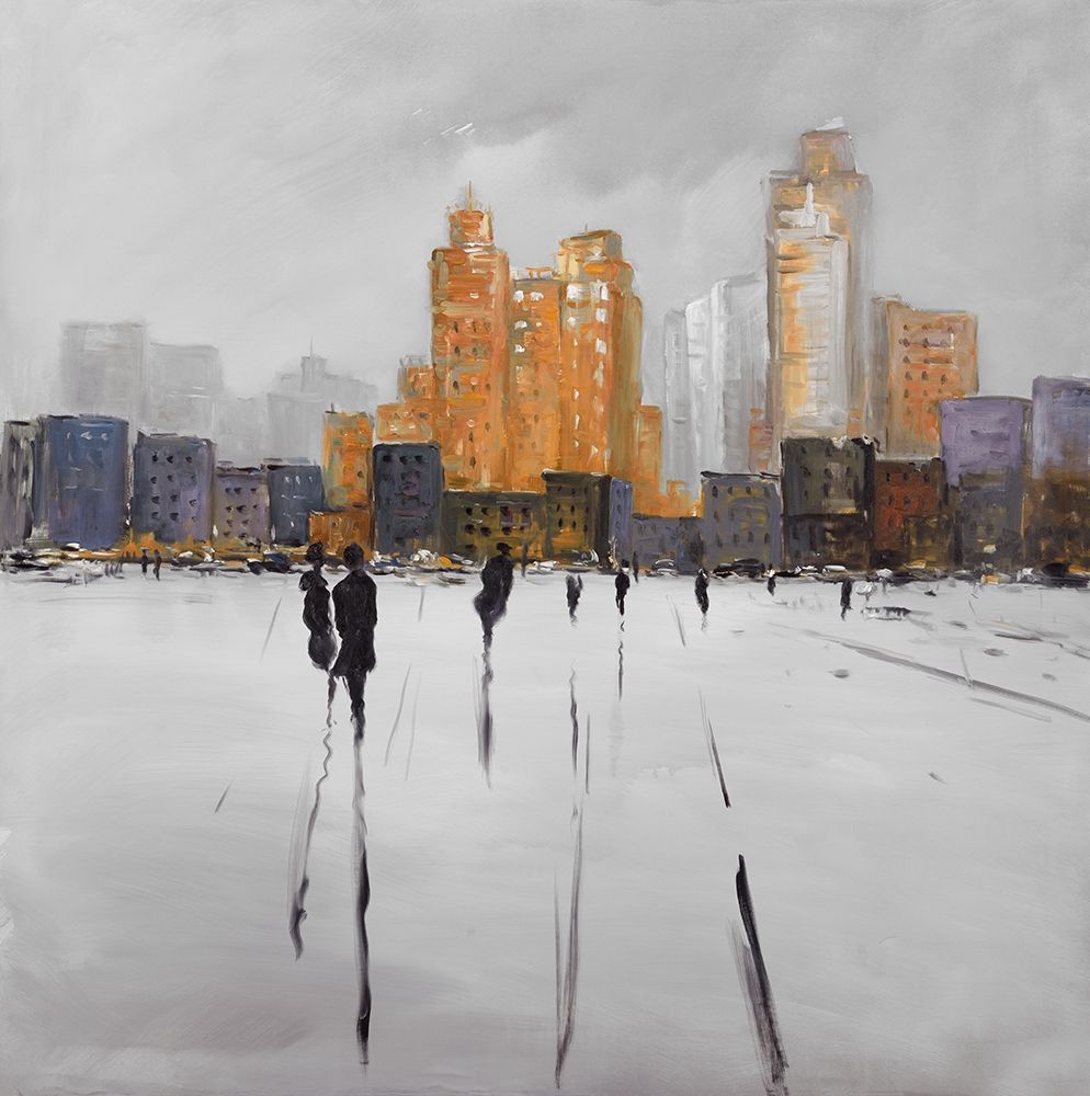 SILHOUETTES WALKING TOWARDS THE CITY art print by Atelier B Art Studio for $57.95 CAD
