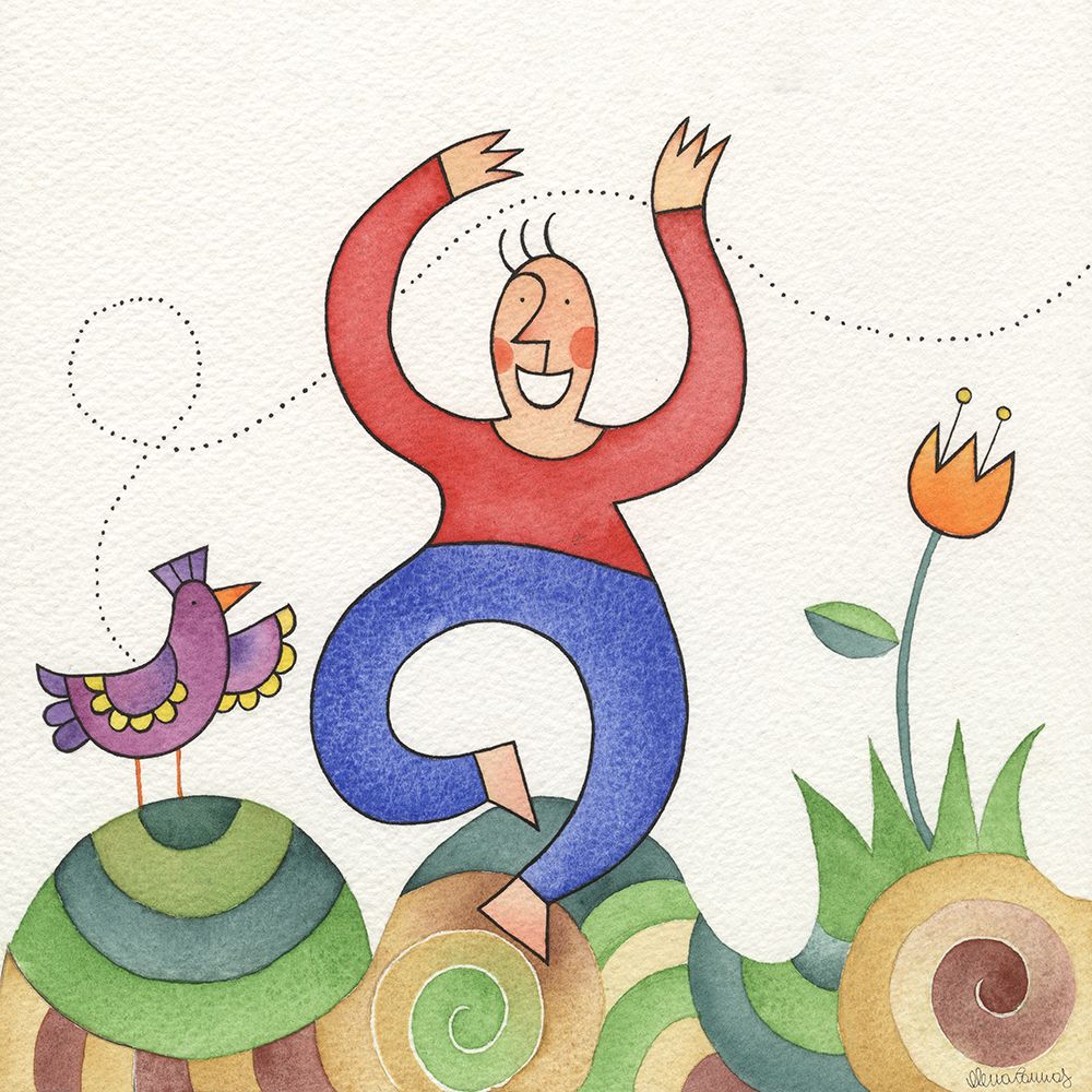 Happy Dancing Man with Bird and Flower art print by Elena Cannas for $57.95 CAD