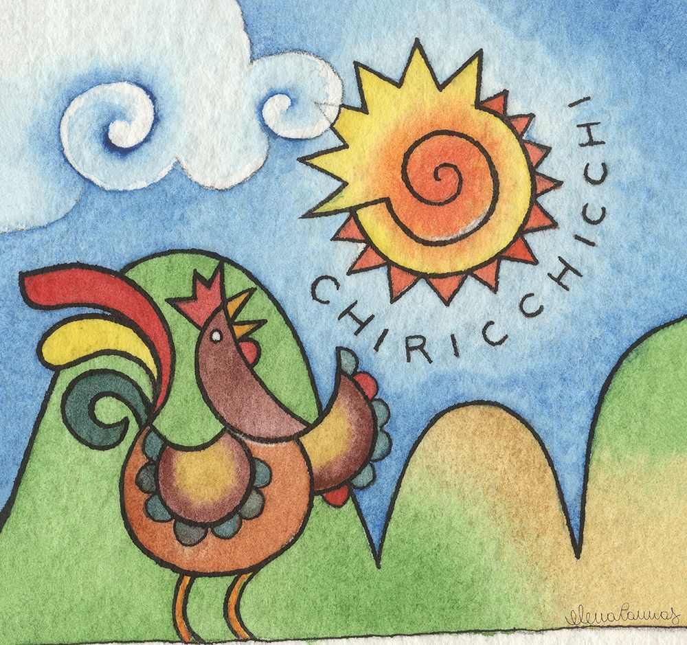 Nice coloured hen singing in the morning art print by Elena Cannas for $57.95 CAD