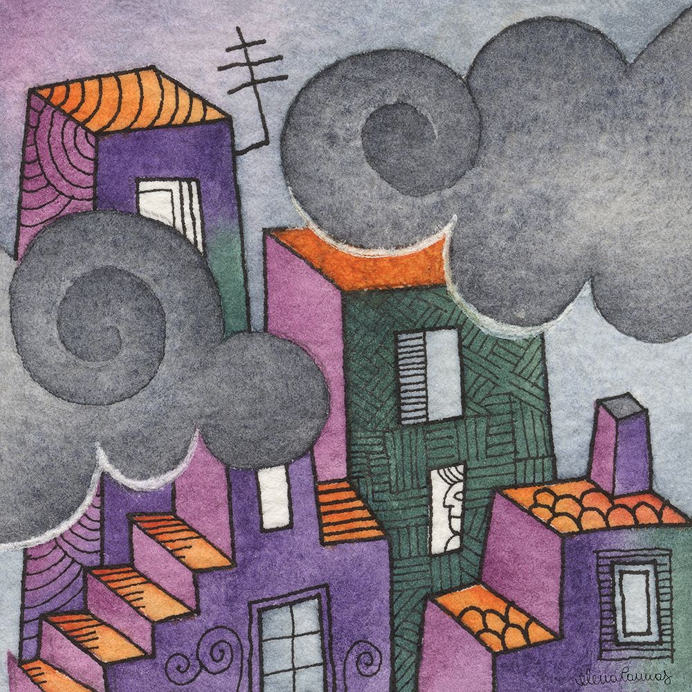 Multicoloured Houses with Grey Clouds art print by Elena Cannas for $57.95 CAD