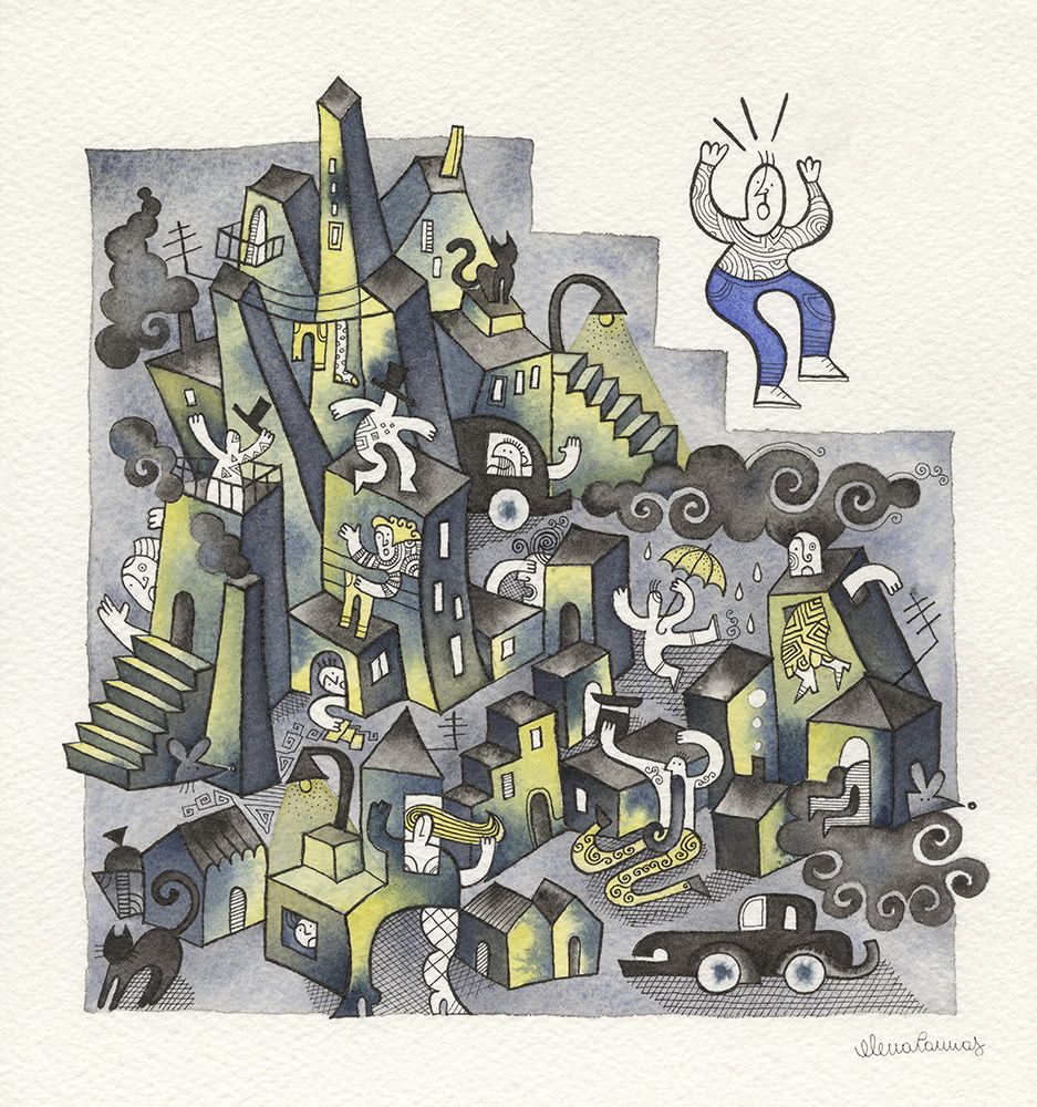 Crowded Chaotic City with men art print by Elena Cannas for $57.95 CAD