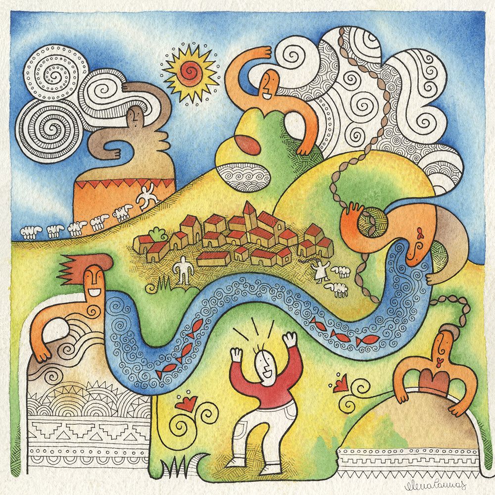 Multicoloured Decorated Landscape with Women-Man-Village and River art print by Elena Cannas for $57.95 CAD