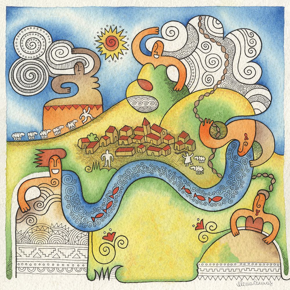 Multicoloured Decorated Landscape with Women-Man-Village and River art print by Elena Cannas for $57.95 CAD