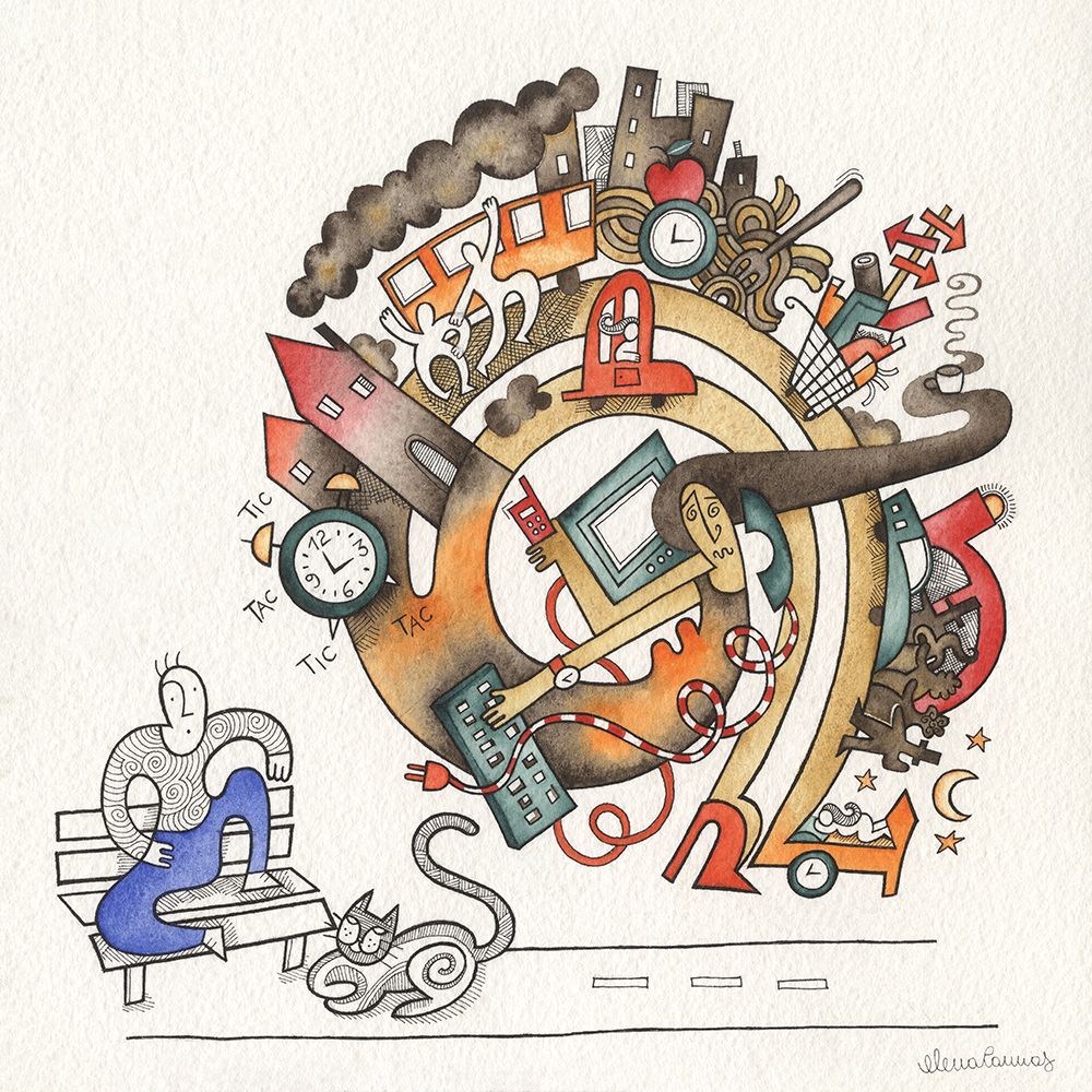 Sitting man looking at chaotic polluted City art print by Elena Cannas for $57.95 CAD