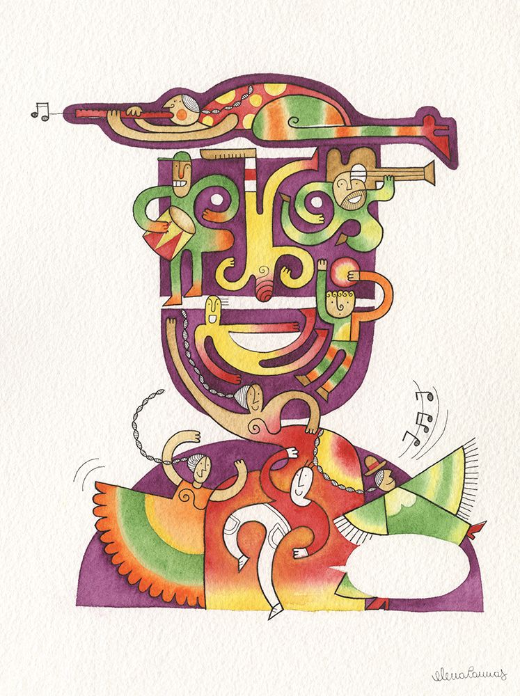 Head of a man with people Playing and Dancing art print by Elena Cannas for $57.95 CAD