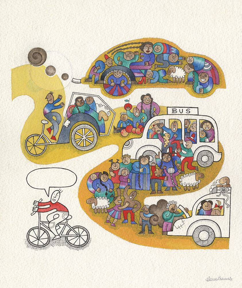 Crowd of People with bus-Cars and Bikes I art print by Elena Cannas for $57.95 CAD