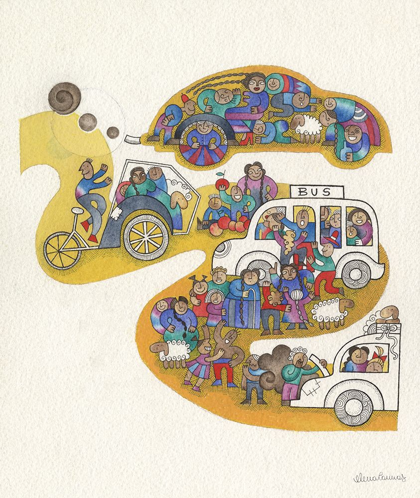 Crowd of People with bus-Cars and Bikes II art print by Elena Cannas for $57.95 CAD