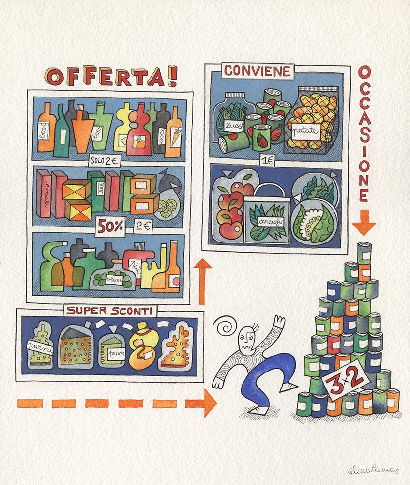 Supermarket Sales with multicoloured products I art print by Elena Cannas for $57.95 CAD