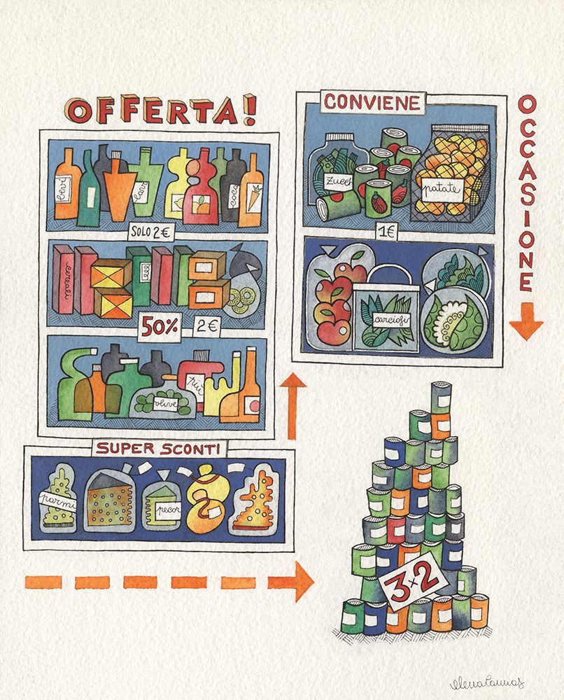 Supermarket Sales with multicoloured products II art print by Elena Cannas for $57.95 CAD