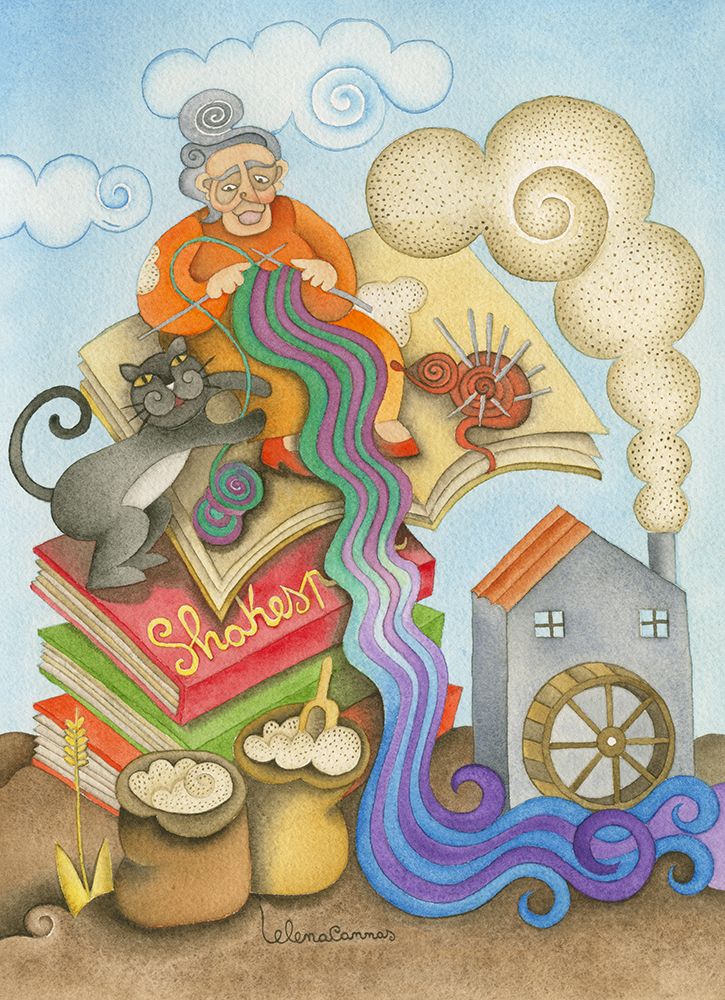 Old Woman Knitting with her Cat art print by Elena Cannas for $57.95 CAD