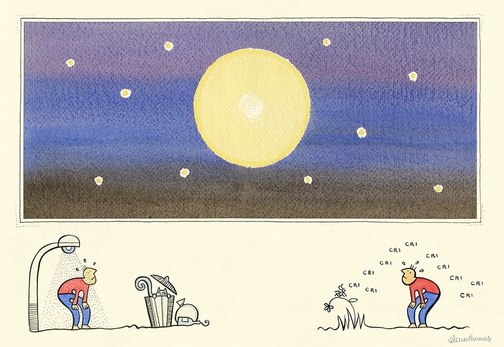 Man taking a shower under the Moon art print by Elena Cannas for $57.95 CAD