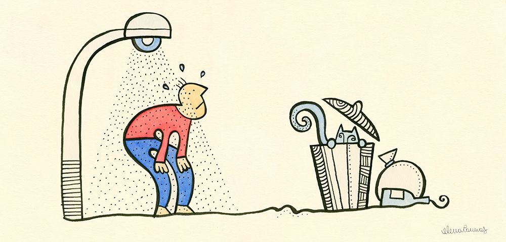 Man taking a Shower with a Cat Nearby art print by Elena Cannas for $57.95 CAD