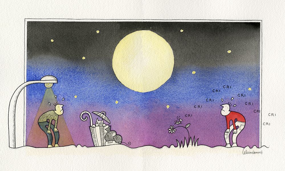 Men under a Street Lamp with Crickets art print by Elena Cannas for $57.95 CAD