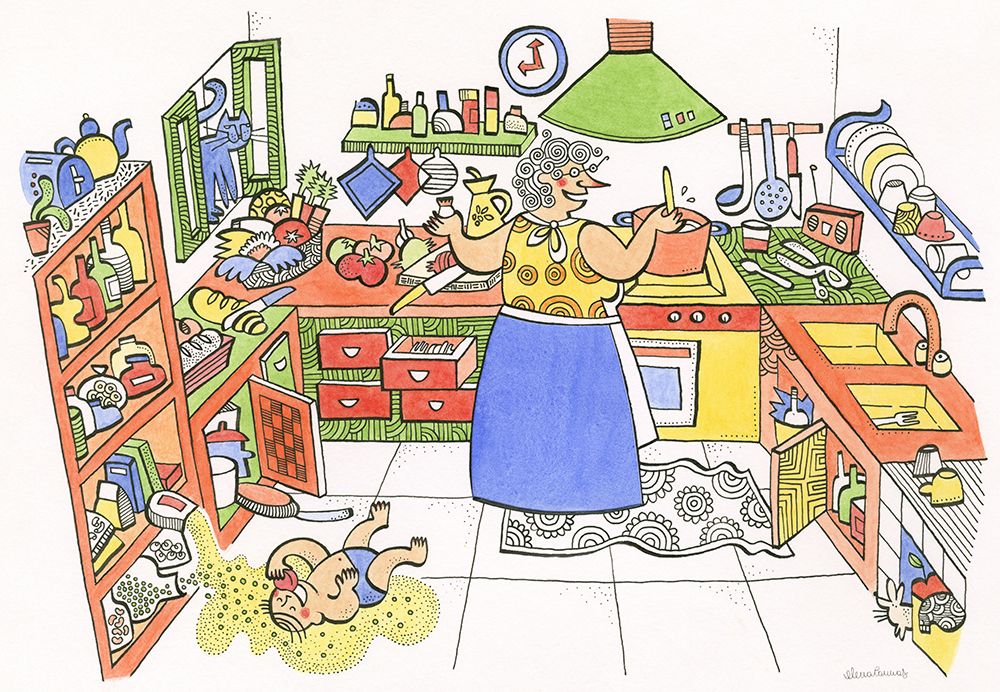 Grandmother Cooking with her Newborn Grandson art print by Elena Cannas for $57.95 CAD